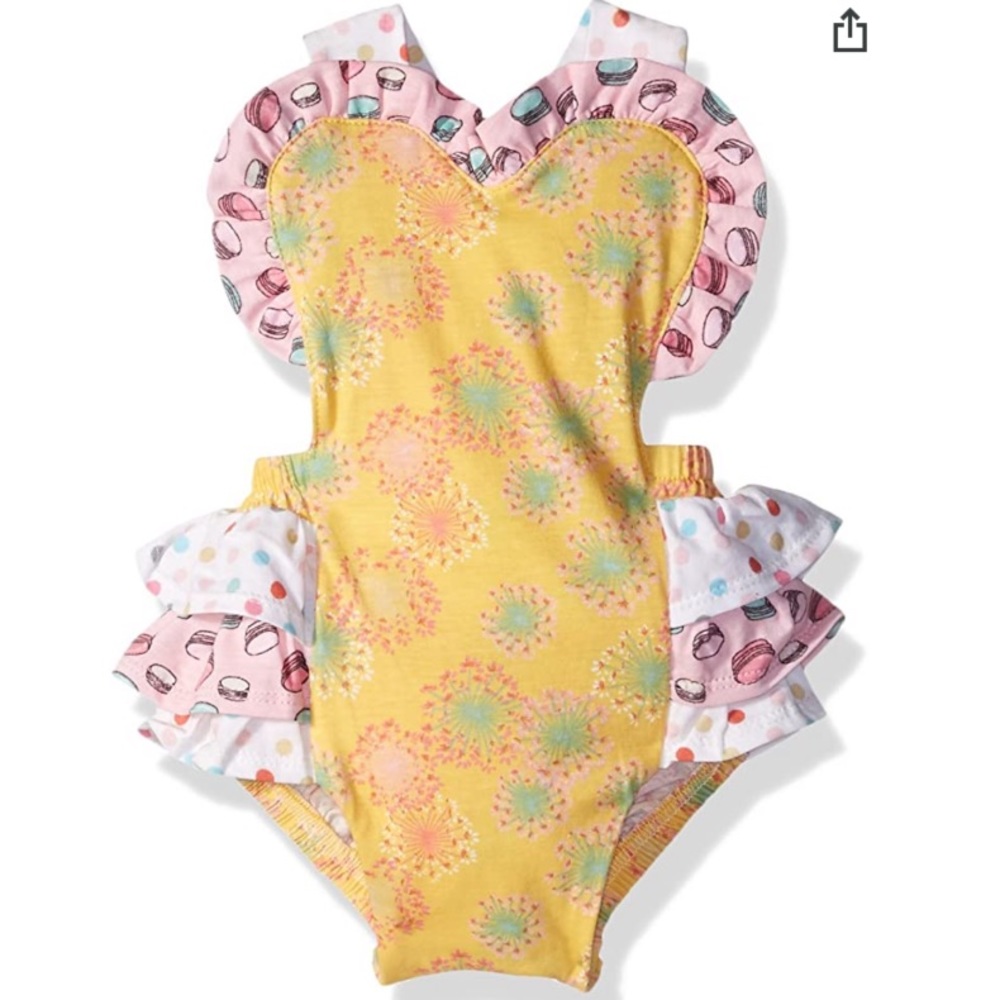 NWT Jelly & The Pug Yellow Multi Colorful Macaroon Printed Ruffle Summer Romper - Picture 1 of 6